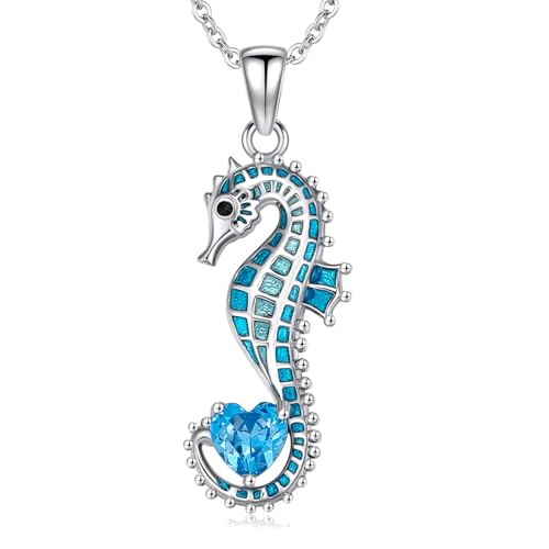 LONAGO Collier Hippocampe pour Femme Argent Sterling 925 Hippocampe Bleu Tenir en Forme de Coeur Pierre de Naissance Pendentif Collier (Mars)