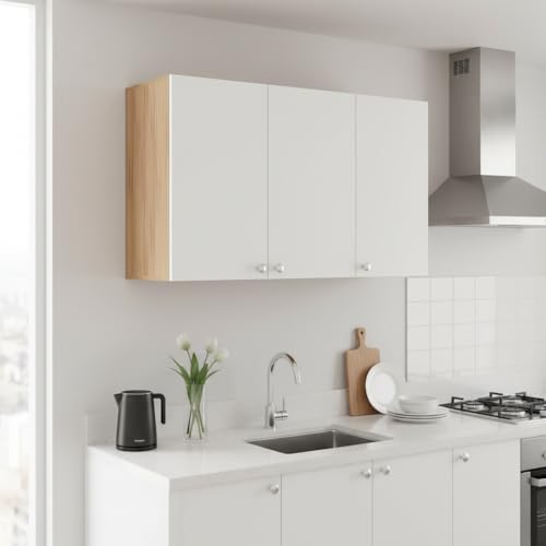 Image of FURNEASER Wall Mounted Kitchen Cabinet, Exotic Teak & White 2 | Engineered Wood, Doors & Open Shelves, Wall Storage, Modern Wall Organizer Cupboard
