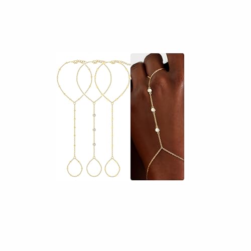 3PCS 14K Gold-Plated Hand Chain Bracelets for Women, Stack Bracelets Set Adjustable, Dainty Ring Bracelet Hand Chain
