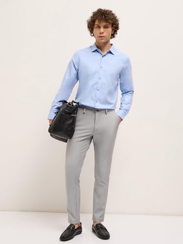 Image of THE BEAR HOUSE Men's Blue Tailored Fit Full Sleeve Cotton Solid Shirt