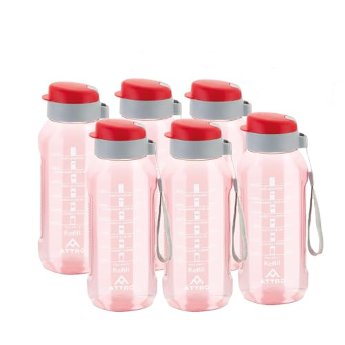 Image of ATTRO Ultra Pro Motivational 1-Liter BPA-Free Water Bottle with Leak-Proof Flip-Top Cap, Nylon Strap and Stylish Color for Daily Hydration Set of 6-Red