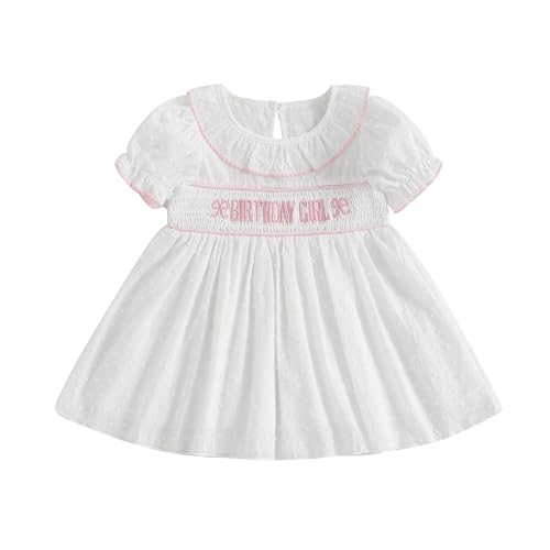 Image of Toddler Baby Girl First Second Birthday Outfit Puff Sleeve Embroidery Smocked Dress Summer Party Princess Dress