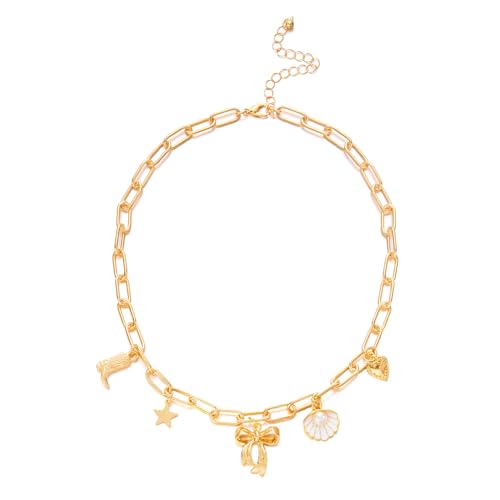 RINHOO Charm Necklace for Women 14K Gold Plated Shell Starfish Bow Pendant Necklace Summer Beach Paperclip Chain Jewelry Gifts (Style 1) - image 1