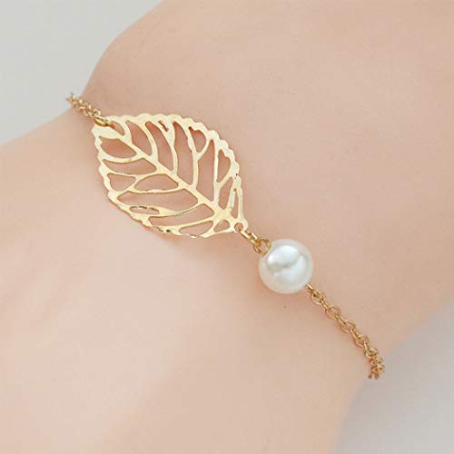 Yizaca Boho Pearl Bracelet Gold Leaf Bracelet Chain Charm Hand Jewelry for Women and Girls