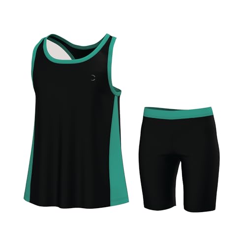 Essenclo Girls Tank Tops and Shorts Summer Outfits, Athletic Activewear Loose Fit Cute Girls' Fashion Clothing Sets Size 3-16 - E1103 - Black Teal Green - 15-16