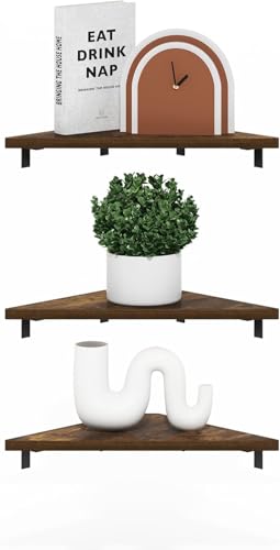 Image of Furinno Rossi Triangle Corner Floating Shelves, Wall Mount Display Shelf, Amber Pine, Set of 3 (Pack of 2)