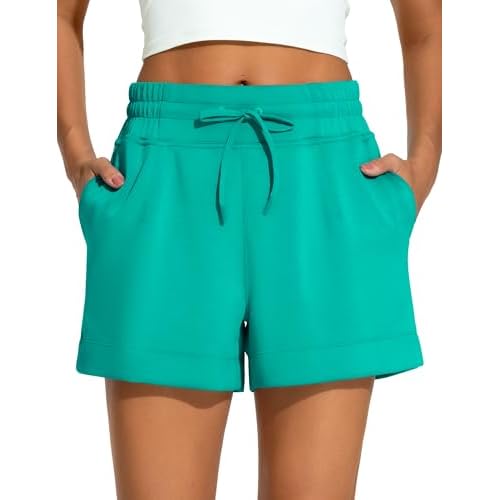 THE GYM PEOPLE Women's Drawstring Sweat Shorts High Waisted Summer Workout Lounge Shorts with Pockets Lake Green X-Large