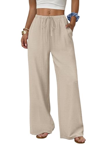 Aokosor Linen Trousers Womens Wide Leg Trousers for Women UK Flowy Palazzo Drawstring Elastic Waist Ladies Trousers Womens Clothing Apricot L