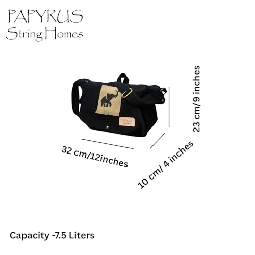Image of Rough Canvas Cotton Messenger Sling Bag, (32x23x10cm, 7.5L) Medium Size. Patching with Elephant Design