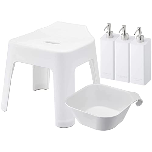 山崎実業(Yamazaki) 引っ掛け風呂イス 座面高30cm + マグネット&引っ掛け湯おけ + マグネットディスペンサーボトル 3本セット 【5点セット】 tower バスチェア ホワイト 5526 5378 4258 4260 4262