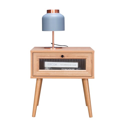 La Mejor Recopilación de Buro Madera al mejor precio. 48 TOPLIVING Buró para Recámara o Mesa Auxiliar para Sala con Cajón Espacioso Elegante, Mesa de Noche Moderna de MDF con Detalles en Vidrio Estriado Color Café