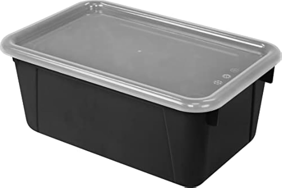 Storex Small Cubby Bins ¨C Plastic Storage Containers for Classroom with Non-Snap Lid, 12.2 x 7.8 x 5.1 inches, Black, 5-Pack (62463U05C)