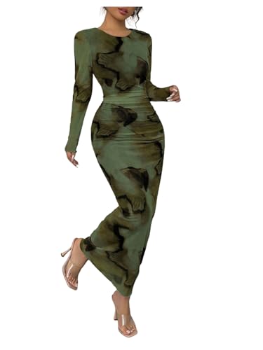 Milumia Women's Tie Dye Long Sleeve Bodycon Maxi Dress Crewneck Mesh Long Dresses