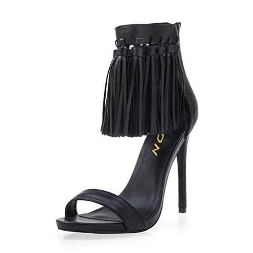 YDN Women's Open Toe Stiletto High Heel Sandals Fringe Tassel Ankle Strap with Back Zipper Elegant Party Dress Prom Shoes Size 4-15 US