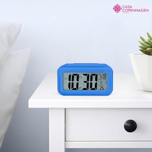 Image of Casa Copenhagen Digital Alarm Clock Table Clock for Students, Home, Office, Corporate with Automatic Sensor, Date & Temperature - Blue