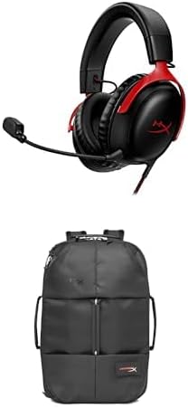 Bundle of HyperX Cloud III – Wired Gaming Headset, PC, PS5, Xbox Series X|S, Angled 53mm Drivers, DTS, Memory Foam, Durable Frame, Ultra-Clear 10mm Mic Black/Red + HyperX Knight Gaming Backpack Black