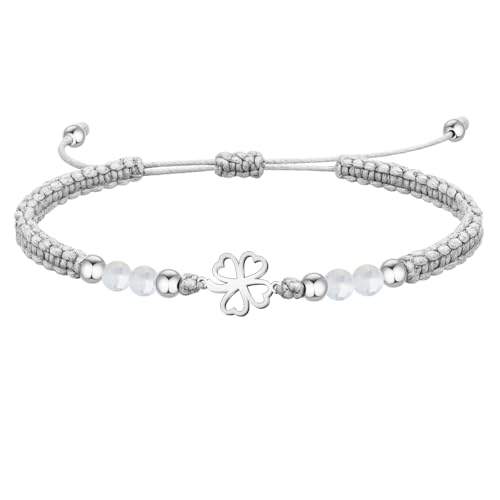 cotigo Pulsera Hilo Encerado con Cuarzo Blanco y Trébol de Suerte en Acero Inoxidable - Amuleto Protección y Energía Positiva Ajustable - Regalo Original para Mujer y Hombre (Cuarzo Blanco)