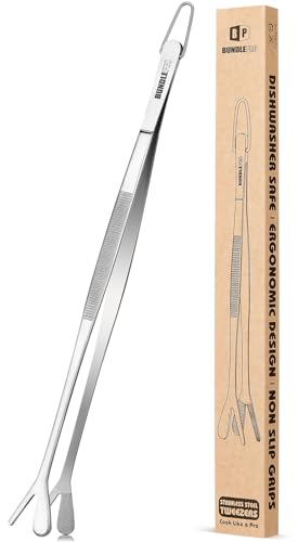 Pinzas de Cocina de Doble Punta, Pinzas de Cocina Profesionales de Acero Inoxidable 2 en 1 de Doble Punta para Cocinar, Reparar, Mariscos, Barbacoas, Decorar, Alimentar Mascotas (30.5 CM, PLATA)