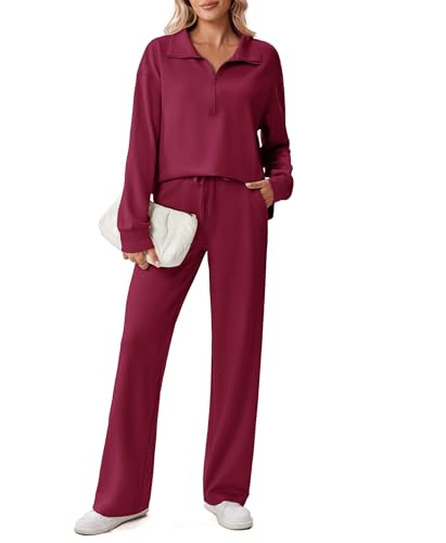 Image of PINSPARK 2 Piece Sets for Women 1 /2 Zip Sweatsuit Loose Fit Sweatshirt Straight Leg Pants 2026 Matching Outfit Fall Tracksuit