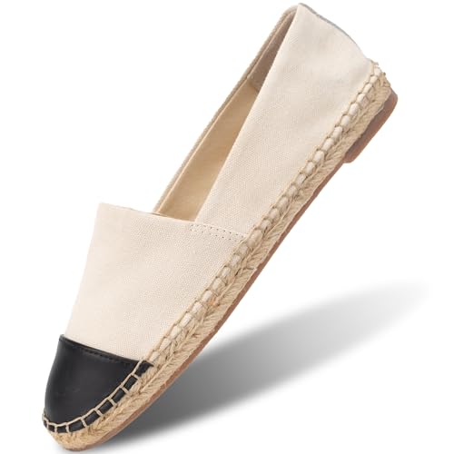 Womens Espadrille Flats Round Toe Slip on Comfortable Loafer Flats Classic Beige Canvas Flats Breathable Casual Shoes