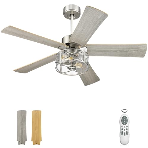 Image of YOUKAIN Farmhouse Ceiling Fans, 48 Inch Industrial Ceiling Fan with Light and Remote Control, Clear Glass, 5-Reversible Blades with Gray Oak /Burlywood Finish, 52-YJ632-BN