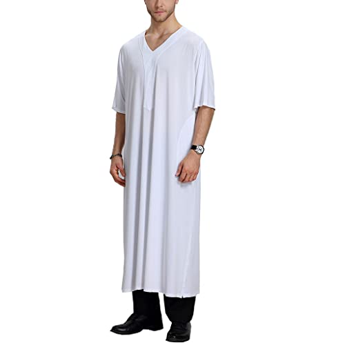 Men Sleepwear Robes Arabic Clothes Short Sleeve Dubai Kaftan Islamic Thobe Long Pajamas Nightgown M-XL2