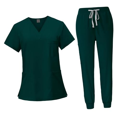 Oshhni Conjunto de uniforme médico para mujer, camiseta y pantalones de enfermera de manga corta, traje de trabajo de enfermería, Verde oscuro, M