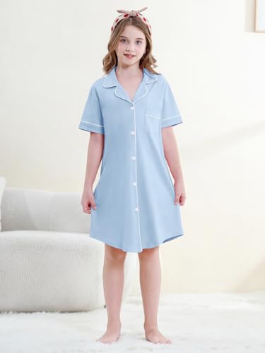Umeyda Girls Nightgown 100% Cotton Short Sleeve Button Down Pajama Ages 4-142