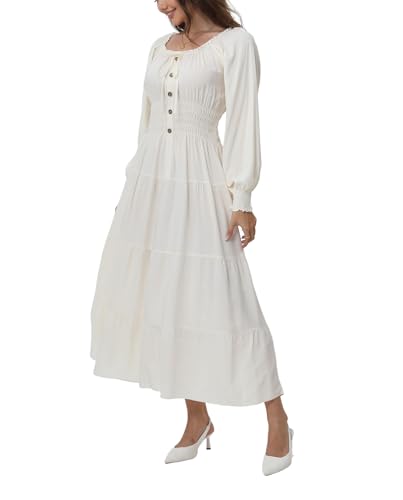 Image of OSTOO Women's 2026 Casual Long Sleeve Square Neck Smocked High Waist Flowy Maxi Dress,Boho Tiered Beach Party Dress