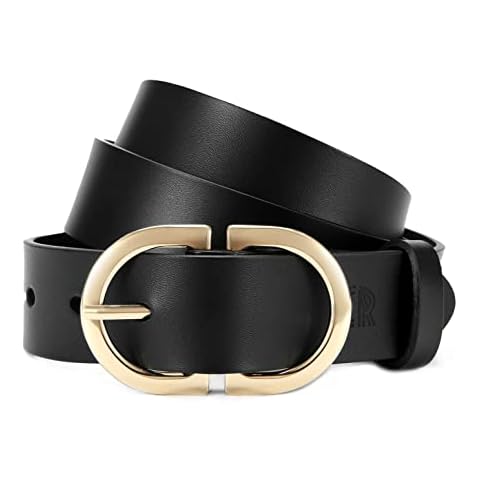 CR Womens Black Leather Belts for Jeans Pants - 1.3" Width Casual Ladies Belt - Fashion Center Bar Gold Buckle Cover