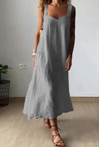 Image of chouyatou Women's Summer Spaghetti Strap Sleeveless Linen Overall Dress Casual A-Line Midi Long Beach Dress