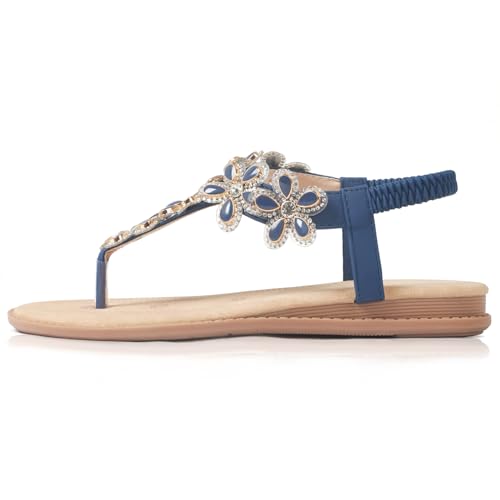 Image of iCKER Women Rhinestone Sandals T-Strap Buckle Bohemian Pearl Crystal Flat Sandals