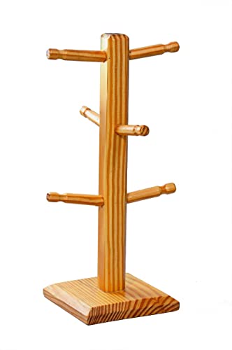 WOODKIT Wooden Mug/Cup Stand for Kitchen | Tea Cup & Coffee Mug Stand 6 Hooks Pinewood Mug Holder | Tabletop Cup Stand for Kitchen Square Bottom Cup Holder Stand