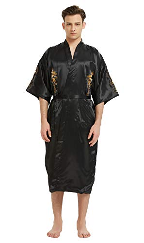 Mens Robe Chinese Silk Embroidered Dragon Pattern Kimono Bathrobe Yukata Pajamas with Waistband and Pockets2