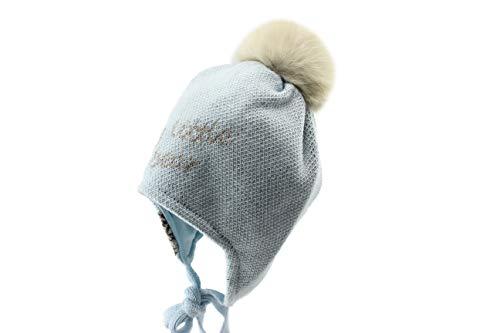 Barbaras Boys Blue Warm Ear Flap Winter Natural Fur Pom Pom Beanie Hat