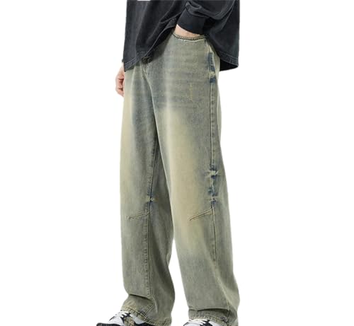 Men's Flared Straight Jeans, Slim Fit Buttoned Distressed Wide-Leg Pants Blue Jeans