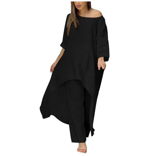 uhnmki Stylish Women's Trousers Suit with Irregular Hem Long Sleeve Top and Wide Leg Pants for Plus Size Fashionistas