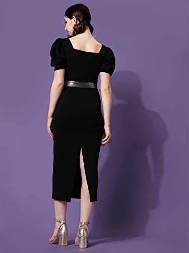 Image of Sheetal Associates Women's Puff Sleeves Sweetheart NeckSlit Bodycon Casual Midi Dress
