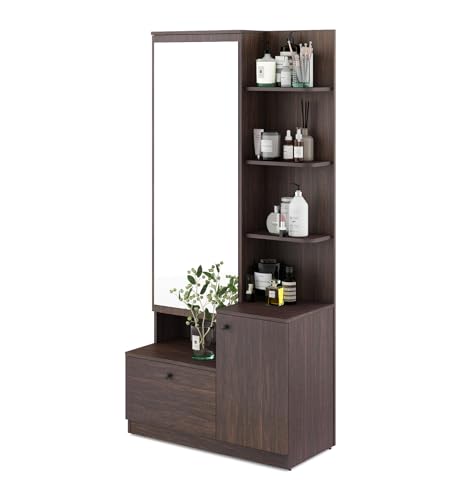 Image of Nexivo Dressing Table | Choco Walnut Finish | Including Mirror, Storage Drawers & Shelves | Knock Down Assembly | 36 Months Warranty