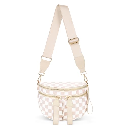 JQWYGB Bum Bag Checkered Crossbody Bags for Women Nylon Double Pockets Checkerboard Fanny Pack Fashion Sling Bag