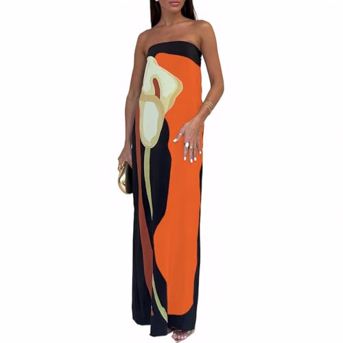 Image of Zwirelz Women Strapless Maxi Dress Boho Floral Print Flowy Long Tube Dress Off Shoulder Loose Beach Sundress