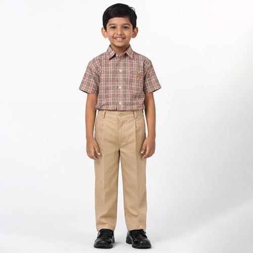 Image of Boys School Uniform Half Sleeve Checked Shirt with Pants Set - Comfortable Cotton Blend School Wear for Kids
