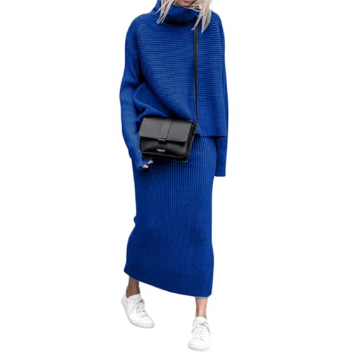 Image of chouyatou Women's Turtleneck 2 Piece Outfits Ribbed Knit Sweater Midi Pencil Skirt Set