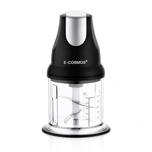 Image of E-COSMOS Ultra Fast 250 Watts Electric Chopper - Twin Blade Vegetable Cutter & Mincer - 500ml Plastic Bowl with Storage Lid - Durable 100% Copper Motor - Multi-Purpose Whisk & Blend (Black)