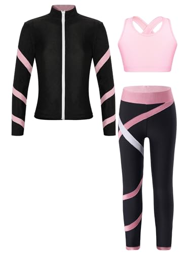 Yizyif Kids Girls Figure Ice Skating Gym Training Suit Long Sleeve Jacket Sleeveless Crop Top With Skating Pants Set Pink 6 Years cover