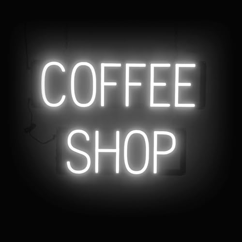 Image of SpellBrite LED Neon COFFEE SHOP Sign for Business - White, 23 inch x 15 inch | Ultra-Bright Click-Together Signage for Cafes, with Visibility from 500 Feet - 8 Animations, 6 Brightness Settings