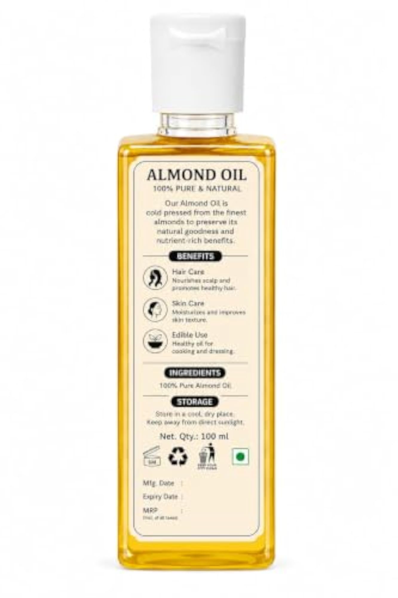 Pure Almond Oil, Cold Pressed, 100ml