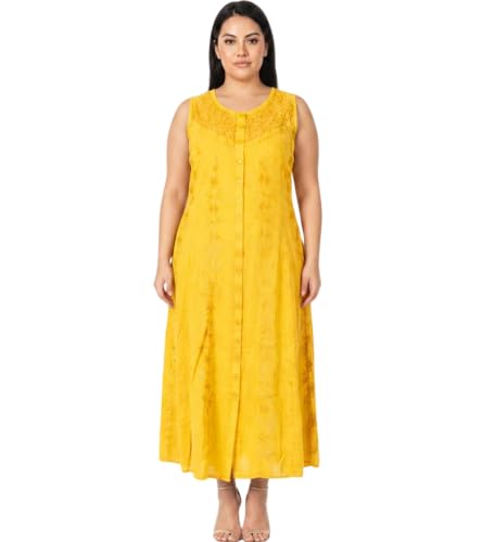 Image of Sakkas Maya Floral Embroidered Sleeveless Button Up Rayon Dress