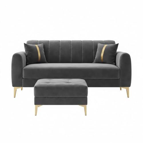 Image of Hermione Luxe Velvet-Suede Fabric 2 Seater Sofa Set with Ottoman | Golden Legs | Comfortable Seating | Modern Sofa for Living Room - Dark Gray