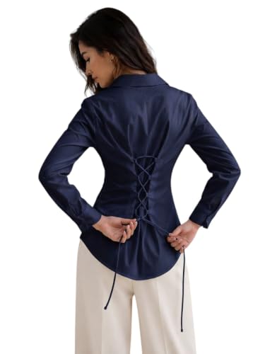 Image of OOMPH! Women's Cotton Solid Corset Style Shirt | Back Lace-Up Tie-Up Cinched Waist | Full Sleeve Button-Down Formal Office & Smart Casual Shirt